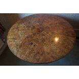 19thC rosewood floral marquetry loo table with hexagonal column, trefoil base, diameter 50 ins.