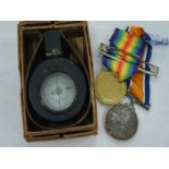 T.G. Co. Ltd London WWII compass with mother of pearl dial, boxed, together with two WWI medals