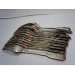 Fifteen Georgian and later silver fiddle pattern tableforks, 35ozt.