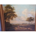 18thC Dutch School, Figures, cow and sheep on a track, Oil on pollard oak panel, 37 x 41cm