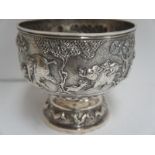 Late 19thC chased silver rose bowl with decoration of animals fighting. 12ozt.