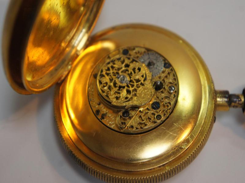 Late 18thC gold plated quarter repeating pocket watch with white enamelled dial, Roman numerals, and - Image 2 of 5