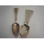 Set of four and a pair of Georgian silver tablespoons of plain form. London 1813 and 1802, 13.5ozt.,