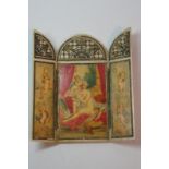 Late 19thC Continental folding arch-shaped tryptych revealing hand-painted nude woman surrounded