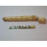 19thC bone cylindrical case revealing, in miniature, a man shooting deer with a dog in a