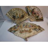 Three 18th / 19thC ivory painted and embroidered fans, largest 45cm open