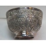 Late 19thC Chinese chased silver bowl with pierced silver border, eight cartouches with decoration