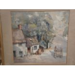 B.S. Peddie, Horse and cart by a blacksmith's, watercolour, Signed