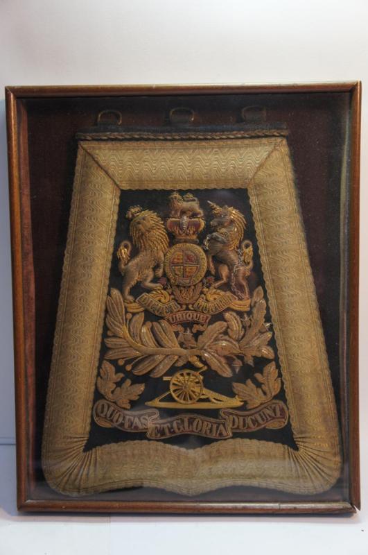 19thC framed and cased Royal Artillery sabretache in good condition. 36 x 29cm case