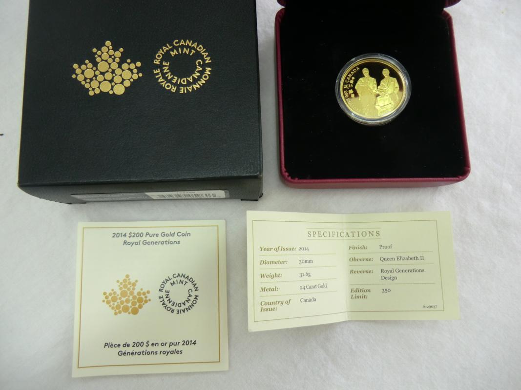 24ct gold Royal Canadian Mint CA$200 coin. 1ozt. / 31.6g. "Royal Generations" 2014. Cased, proof