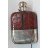 GV silver-topped 1/4 bottle flask with crocodile skin cover and silver slide-off beaker. Sheffield