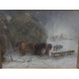 J.S. Steel, Dartmoor ponies sheltering from the snow, Oil on canvas, Signed and dated 1914, 30 x