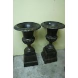 Good pair of large Victorian style cast-iron garden urns on pedestals. Ht. 110cm