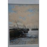 Thomas S. Hutton, Harbour at low tide, Watercolour, Signed, 35 x 25cm