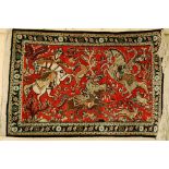 Good Persian silk Qom carpet with decoration of a hunting scene silk on silk 33 x 22ins.