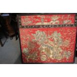 Impressive 19thC Chinese needlework with gold silk threads on a red silk background 32 x 35ins.