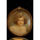 Early 20thC oval portrait miniature on ivory of Ella Montgomery aged 7 years. 2.5 x 2.125ins.,