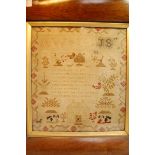 Early 19thC needlework sampler by Mabell Wasch? age 11, 13 x 12ins.