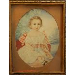 Early Victorian miniature of child with tartan bows and belt to dress. Watercolour, oval, height 3.