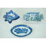 Collection 19thC blue and white pickle dishes plus a teapot stand