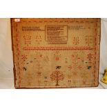 Victorian needlework sampler by Ann Dugdale age 18 dated 1843 21.5 x 26.5ins.