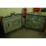 Two wrought iron frame fire guards with fine needlework inserts