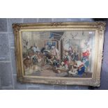 Well worked Victorian needlework of gathering the game 28 x 42ins.