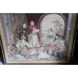 Fine Victorian needlework of the game being presented to the abbot for the feast 31 x 39ins.