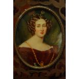 19thC Roi, Oval portrait miniature on ivory of a beauty wearing a pearl crown. Signed, 3.25 x 2.