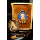 19thC oval miniature of a lady on ivory together with an Elizabethan style portrait of a lady. 3 x