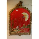 Needlework of cranes in Oriental setting using silk and gold thread in ornate gilt frame 20 x