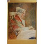 David Woodlock (1842-1929), Old lady sitting and wearing a bonnet, Watercolour, Signed, 16 x 12ins.