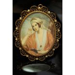 Latour, late 19thC oval portrait miniature on ivory of a girl wearing a turban and holding a pearl