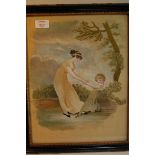 Early 19thC painting and needlework on silk of mother and daughter in garden 14.5 x 11.5ins.