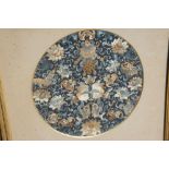 Fine 19thC Chinese needlework circular panel with decoration of shells, fish, bats, flora and