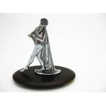 Chromed girl car mascot playing pipes on wooden stand. Height 3.5 inches