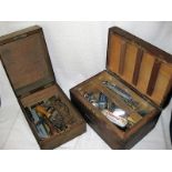 Two old wooden boxes of tools including bicycle tools. Largest 12 inches wide