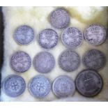 Pre 1947 silver coins, twelve threepenny and one sixpence