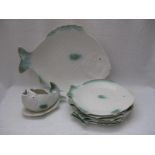 Set of fish plates by Shorter and Son Ltd., Stoke on Trent, England. Nine pieces including sauce