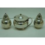 Georg Jensen silver three-piece salt, pepper and mustard. Import mark 1931-32