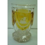 Victorian amber overlay glass beaker decorated with animals and the crest of the Earls of Derby.