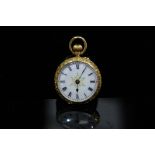 18ct gold enamel ladies fob watch with decoration of girl and lamb to back