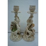 Pair of late 19thC German pottery figure candlesticks boy and girl climbing amongst branches, height