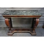 Wm IV rosewood consol table with replacement green figured marble top on carved cabriole legs,