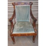 Well-carved Regency mahogany open armchair with lion masks to top, acanthus decoration to arms,