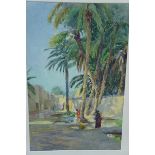 Adolf C Meyer, Figures under palm trees by a stream, Watercolour, 16 x 11 ins.