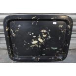 Large Victorian papier maché black lacquered tea tray with decoration of flowers and insects. 30.5 x