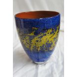 Peter Layton, Blue and speckled yellow glass vase with red interior, height 6.5 ins., signed