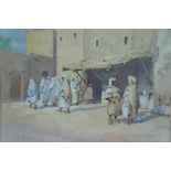 Adolf C Meyer, Figures outside a North African market, Watercolour, Signed, 10 x 14 ins.