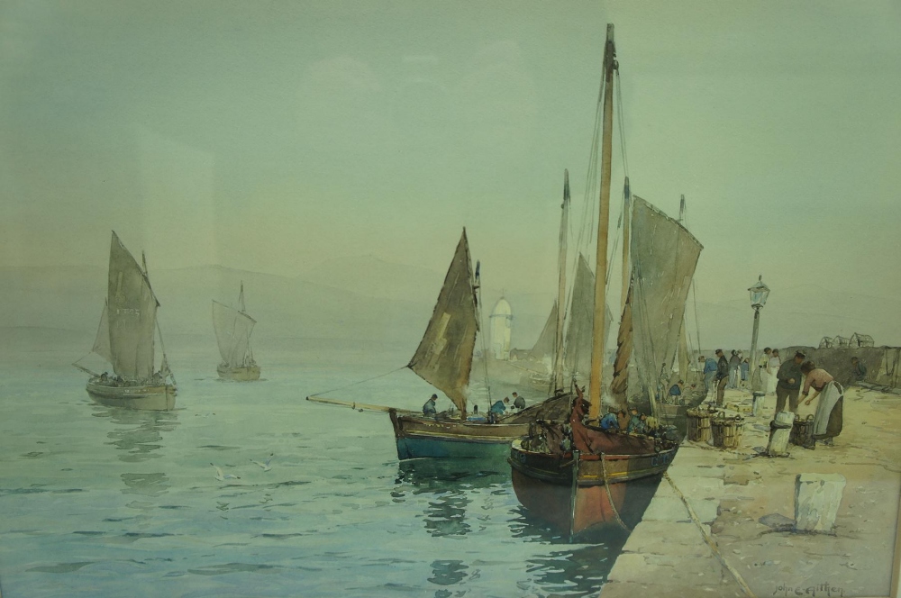 John Ernest Aitken, Landing the catch Port St Mary Isle of Man, watercolour, signed, 14 x 20 ins.